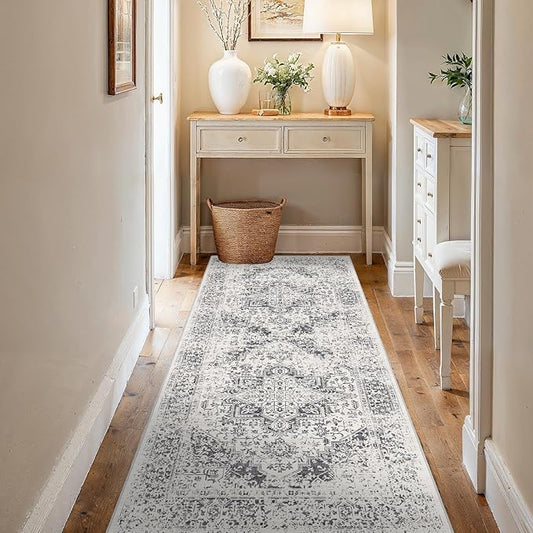 3x6 Washable Hallway Runner Rug - Non Slip Kitchen Runner Rugs with Rubber Backing Vintage Low-Pile Carpet Runners for Entryway Dining Room Laundry Room Home Decor (Distessed Grey)