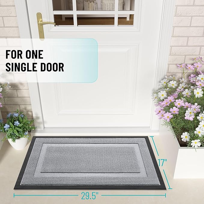 OLANLY Front Door Mat Indoor Outdoor Entrance, Waterproof All-Season, All-Weather Doormat, Sturdy Natural Rubber, Low Profile, Easy Clean Patio Porch Entryway Mat, 29.5x17, Silver Gray