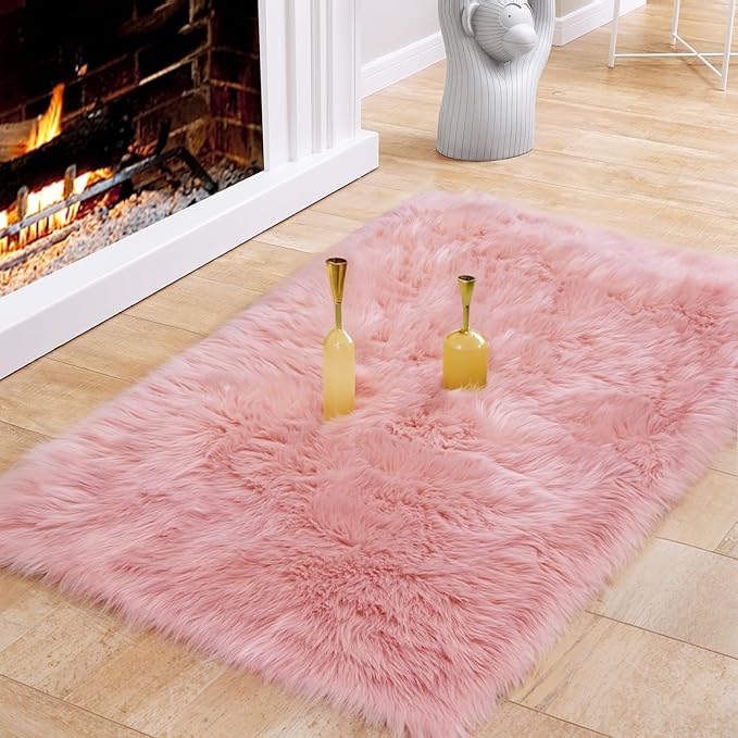 Ciicool Pink Fur Fluffy Rug, 2x4 ft Small Faux Fur Rugs for Bedroom, Washable Faux Sheepskin Carpet for Sofa Couch Seat Cushion, Thick Shaggy Furry Rugs Floor Carpets for Bedside Living Room