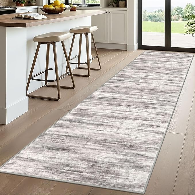 KOZYFLY 3x10 Ft Rug Modern Ombre Runner Rug for Hallway, Washable Kitchen Rugs Non-Slip Soft Striped Entryway Rug, Print Grey/Light Beige/Brown Abstract Carpet for Laundry Nursery