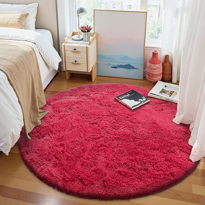 OLANLY Red Round Rugs for Bedroom - Machine Washable, 6 ft Circle Area Rugs for Living Room, Soft and Fluffy Shaggy Carpet for Teen Girls and Boys, Nursery Rooms, Dorms, Home Decor Aesthetic