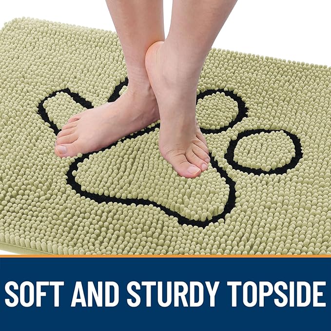 OLANLY Dog Door Mat for Muddy Paws 30x20, Paw Print Design, Absorbs Moisture and Dirt, Absorbent Non-Slip Washable Doormat, Quick Dry Chenille Mud Mat for Dogs, Entry Indoor Entryway Carpet, Vanilla