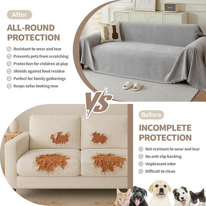 Couch Cover for Dogs, Boho Sofa Covers for 3 Cushion Couch, Chenille Sofa Slipcover for Pets Washable, L-Shape Sectional Couch Loveseat Cover Soft Throw Blankets with Tassels(71x134,Grey)