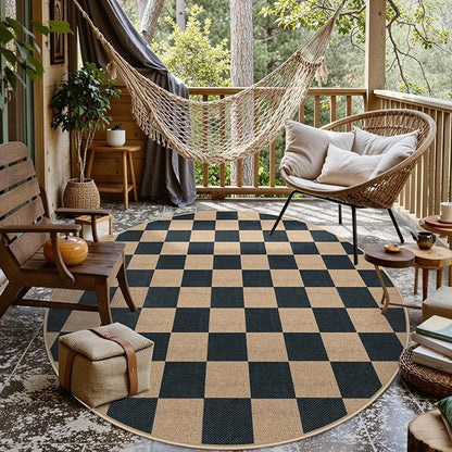 Lahome Colette Checkered Round Rugs 6ft, Outdoor Patio Easy Jute Rug Indoor Outdoor Circle Carpet, Farmhouse Nature Non Shedding Non Slip Washable Black Carpet for Living Room Entry Deck
