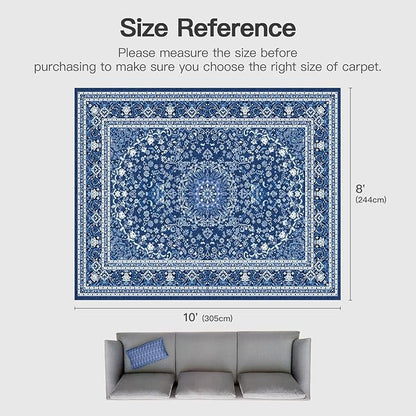 Lofus 8x10 Area Rugs for Living Room, Machine Washable Non-Slip Area Rug, Low Pile Large Rugs for Bedroom, Kitchen, Dining Room, Home Office, Vintage Oriental Print Rug, Dark Blue with White