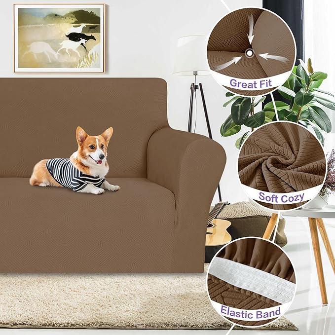 ZNSAYOTX Super Stretch Sofa Cover (72"-92"), New Striped Sofa Covers Fitted Slipcovers with Elastic Bottom, Dog Cat Pets Proof Spandex Washable Fabric Comfortable & Durable (Light Coffee, Sofa)