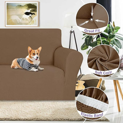 ZNSAYOTX Super Stretch Loveseat Covers (57"-70"), New Striped Love Seat Slipcover, Dogs Pet Friendly Anti-Slip Couch Protector Spandex Durable 2 Seater Fabric Sofa Cover (Light Coffee, Loveseat)