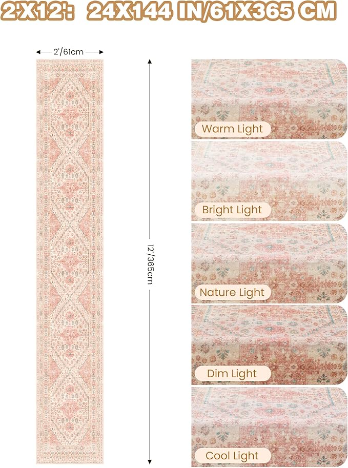Hallway Runner Rug 2x12, Extra Long Washable Runner Rugs with Rubber Backing, Non Slip Runner, Vintage Rug Runners for Kitchen Laundry Room Entryway (Pink,2'x12')