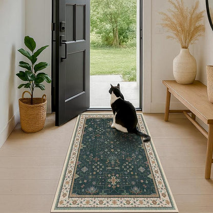 Dark Green Oushak 3x5 Large Entryway Rug - Modern Vintage Boho Eclectic Floral Pastel, Washable Low Pile Non-Slip Area Rugs for Door Mat Indoor Entrance, Kitchen, Bedroom Beside Bed, Laundry