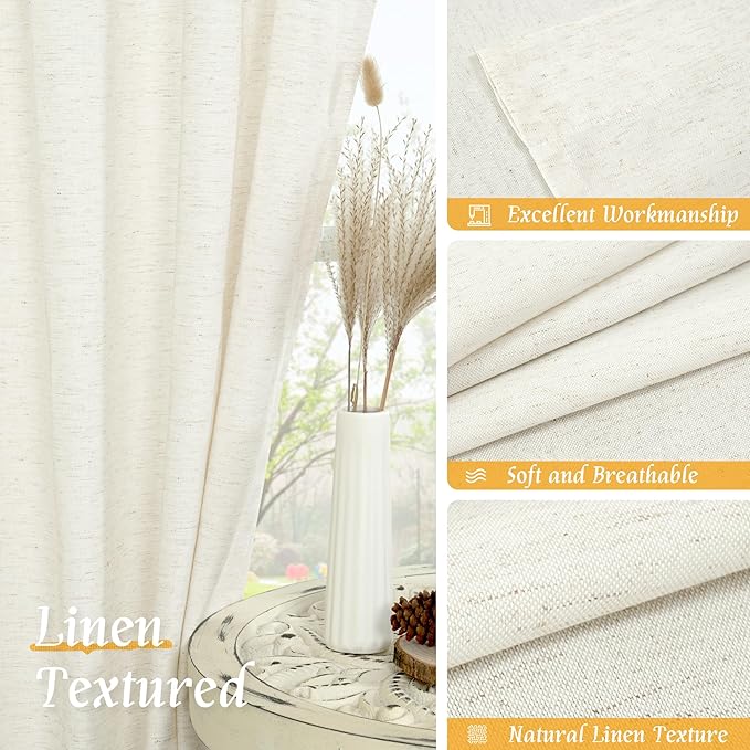 LAMIT Cream Sheer Linen Curtains for Bedoom, 45 Inches Long Faux Linen Textured Light Filtering Panels Rod Pocket Neutral Drapes for Kitchen/Window/Living Room, 2 Panels Set, 42 x 45 Inch
