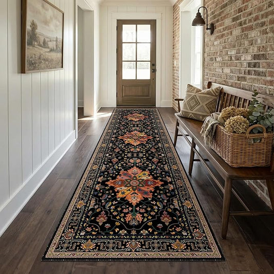 Area Rugs 3'x10' Runner Rug Non Slip Washable for Kitchen Hallway Bedroom Beside Laundry Room Bathroom Rug, Floor Carpet, Black Colorful Floral Dark Tan