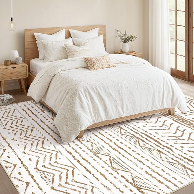 Nakagishi 7x9 Area Rugs Living Room: Washable Boho Large Neutral Soft Farmhouse Rug Stain Resistant Modern Indoor Floor Non-Slip Carpet for Bedroom Nursery Playroom Office Dining Dorm- White Brown