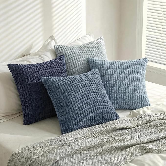 Fancy Homi Set of 4 Blue Boho Decorative Throw Pillow Covers 22x22 Inch for Couch Bed Sofa, Aesthetic Modern Bohemian Room Decor, Soft Fuzzy Cozy Corduroy Textured Coastal Blue Cushion Case 55x55cm