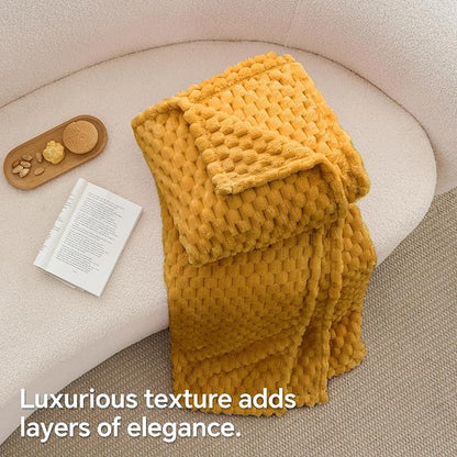 BEDELITE Fleece Blanket Twin Size for Bed Couch, 3D Jacquard Decorative Mustard Yellow Throw, Soft and Cozy Warm Plush Fuzzy Blanket All Seasons Suitable, 60x80Inches
