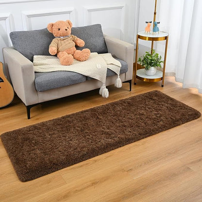 Goideal Fluffy Runner Rug for Bedroom Living Room, 2x6 Brown Bedside Rugs, Faux Fur Shag Modern Carpet Ultra Soft Girls Boys Room Home Decor, Solid