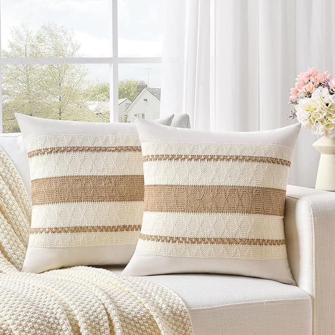 Fancy Homi Set of 1 Boho Neutral Decorative Throw Pillow Cover 20x20 Inch for Couch Bed Sofa, Aesthetic Modern Organic Farmhouse Home Decor, Soft Cotton Cute Accent Macrame Woven Tan Cushion Case