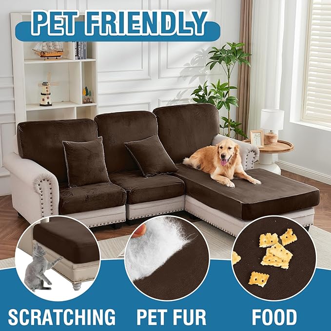 Couch Cover 6-Piece Elastic Velvet Couch Cushion Covers & Chaise Slipcovers for L-Shaped Sofas - Sofa Seat Covers Washable, Soft Protector for Couches (5 Seater + Chaise, Coffee)