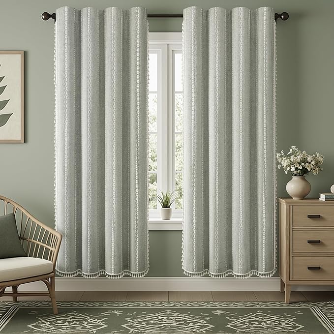 Sage Green Boho Blackout Curtains 2 Panels 84 Inch for Living Room Bedroom, Linen Texture Farmhouse Curtains with Tassels and White Cotton Embroidery Vintage Rustic Country Western
