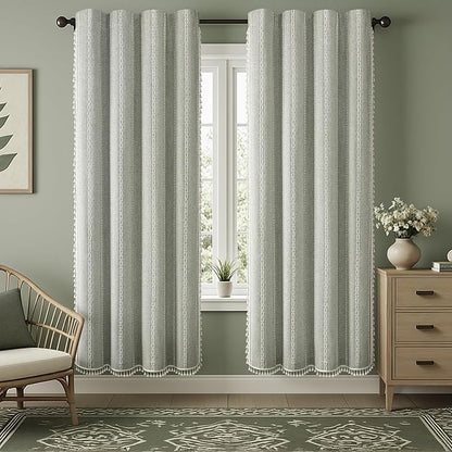 Sage Green Boho Blackout Curtains 2 Panels 84 Inch for Living Room Bedroom, Linen Texture Farmhouse Curtains with Tassels and White Cotton Embroidery Vintage Rustic Country Western