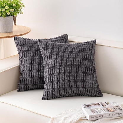 Pack of 2 Corduroy Decorative Throw Pillow Covers 18x18 InchSoft Boho Striped Pillow Covers Modern Farmhouse Home Decor for Sofa Living Room Couch Bed（Dark Grey）