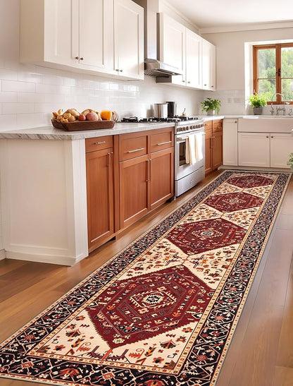 SERISSA Runner Rug for Hallways, 2'6"x12' Washable Non Slip Kitchen Runner Rug, Extra Long Boho Rug Ultra Soft Vintage Red Black Print Floor Carpet for Bedroom Hallway Entryway Bathroom Laundry Room