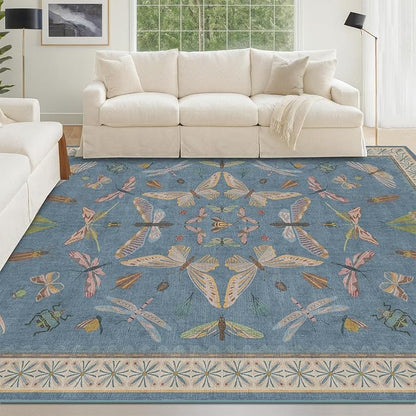 Blue Washable Kids Playroom Rug - 5x7 Area Rugs for Nursery Baby Boy, Bedroom, Living Room, Toddler Boy Room Decor, Cute Animals Print Carpet, Super Soft Non Slip Stain Resistant