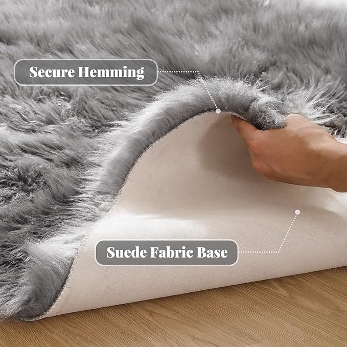 ORINOVA Shag Rug 6x9 Area Rugs for Bedroom Silver Grey Fluffy Machine Washable Faux Sheepskin Shaggy Fur Rugs for Living Room Nursery Rug