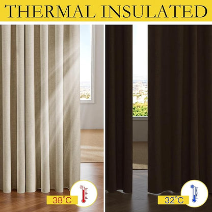 NICETOWN Cream Thick Linen Blend 100% Blackout Curtains 63" Long 2 Panels Set for Bedroom, 42" Wide, Rustic Grommet Thermal Insulated Flax Textured Full Blackout Window Draperies with Grey Liners