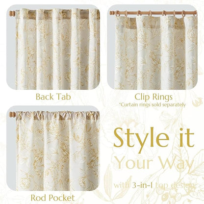 jinchan Floral Curtains 96 Inches Long Mustard Yellow Flower Linen Farmhouse Curtain for Living Room French Country Vintage Curtain Rod Pocket Curtains Set 2 Panels Floral Printed