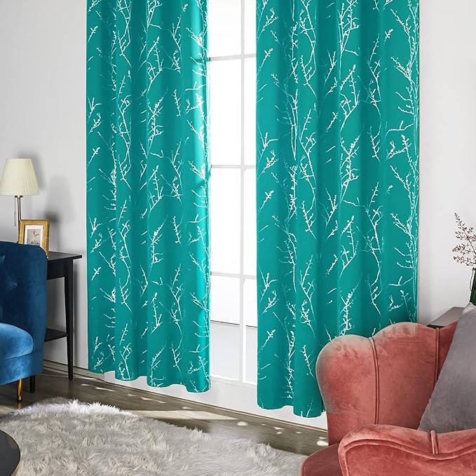 Deconovo Blackout Curtains, Thermal Insulated Soundproof Drapes with Tree Foil Print, 42 x 84 Inch, Set of 2, Machine Washable Window Curtain for Bedroom Living Room Nursery Kitchen Office, Turquoise