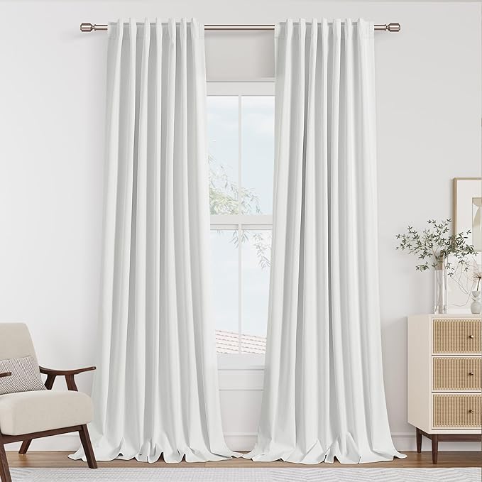 Guken White 100% Blackout Curtains 132 Inch Length 2 Panels Set for Living Room Bedroom Back Tab Thermal Insulated Black Out Linen Drapes Room Darkening Window Curtains