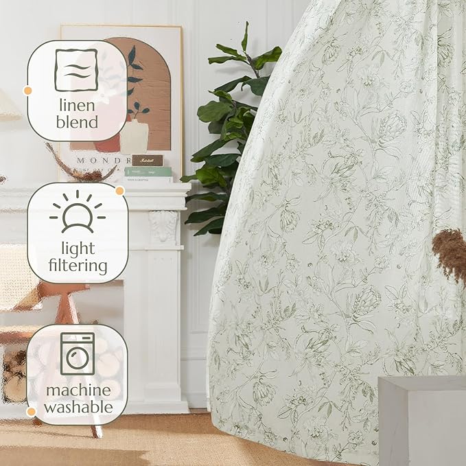 jinchan Floral Curtains 96 Inches Long Sage Green Flower Linen Farmhouse Curtain for Living Room French Country Vintage Curtain Rod Pocket Curtains Set 2 Panels Floral Printed