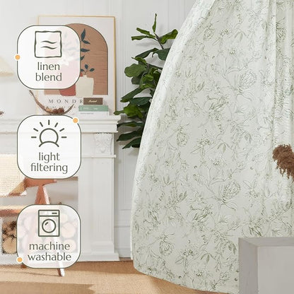jinchan Floral Curtains 84 Inches Long Sage Green Flower Linen Farmhouse Curtain for Living Room French Country Vintage Curtain Rod Pocket Curtains Set 2 Panels Floral Printed