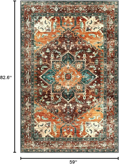 Yamaziot Area Rug 5x7, Non-Slip Washable Boho Vintage Living Room Bedroom Rug with Rubber Backing, Low Pile Faux Wool Soft Distressed Rug Floor Carpet for Living Room, Bedroom