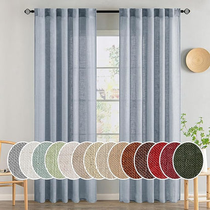 MIULEE Chambray Blue Linen Curtains 108 Inches Long 2 Panels for Bedroom Living Room, Soft Linen Textured Window Drapes Semi Sheer Light Filtering Back Tab Rod Pocket Farmhouse Burlap Look Decor
