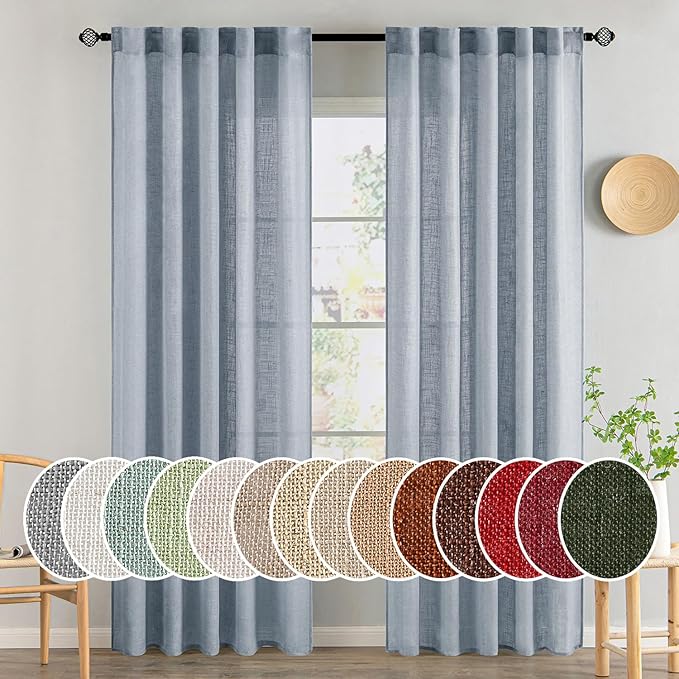 MIULEE Chambray Blue Linen Curtains 84 Inch Length 2 Panels for Bedroom Living Room, Soft Linen Textured Window Drapes Semi Sheer Light Filtering Back Tab Rod Pocket Farmhouse Modern Burlap Look Decor