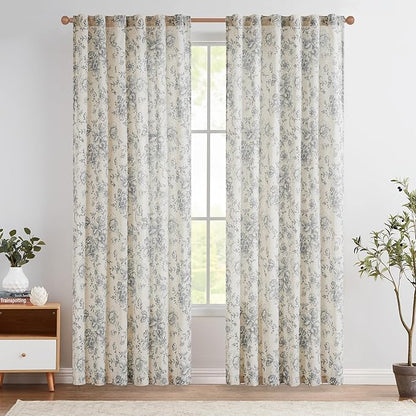 jinchan Linen Blend Curtain Floral Curtains for Living Room 90 Inch Length Grey Printed Curtain Rod Pocket Back Tab Farmhouse Peony Flower Patterned Drapes Bedroom Window Curtains Set 2 Panels