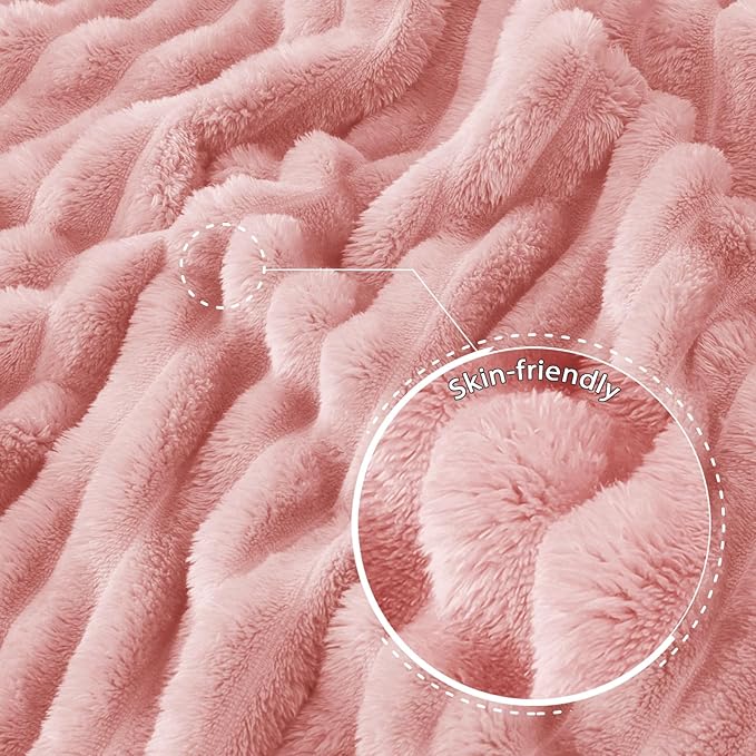 Exclusivo Mezcla Twin Size Flannel Fleece Blanket, Super Soft Striped Jacquard Bed Blanket, Lightweight Fuzzy Cozy for All Seasons, 60x80 Inches, Pink