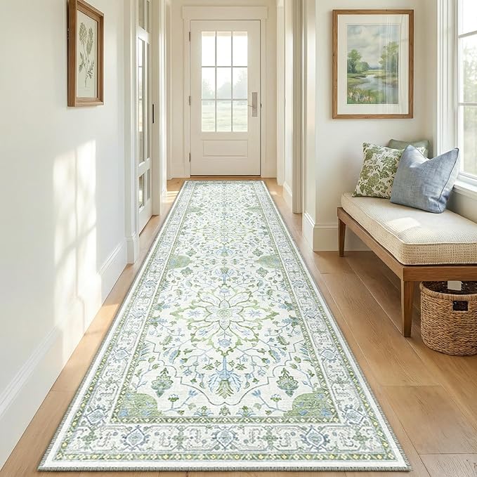 RELEANY Area Rugs 2'x8' Runner Rug Non Slip Washable for Kitchen Hallway Bedroom Beside Laundry Room Bathroom Rug, Floor Carpet, Green White Blue
