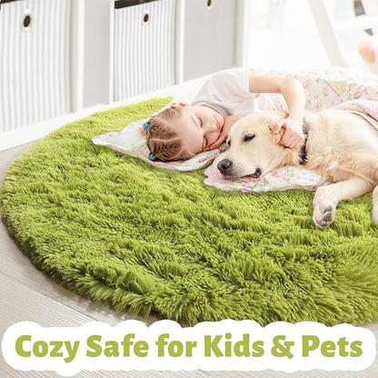 Amdrebio Grass Green Round Area Rug 7Ft for Living Room Bedroom Decor Aesthetic, Large Fluffy Shaggy Fuzzy Circle Rugs for Baby Nursery Kids Playroom, Big Soft Shag Floor Circular Modern Cool Carpet