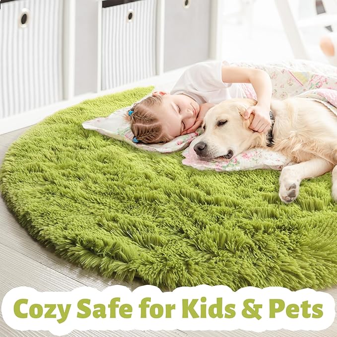 Grass Green Round Rug 4Ft for Bedroom, Fluffy Shag Circle Area Rugs for Kids Room Classroom Nursery, Cool Living Room Decor Aesthetic, Cute Fuzzy Moss Floor Carpet for Preppy Dorm Apartment, Circular
