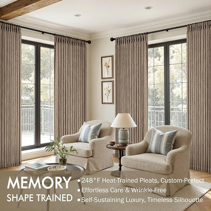 MIULEE Pinch Pleated Thick Linen Curtains 102 Inches Long 2 Panels for Living Room Bedroom, Linen Texture Pleat Drapes Memory Trained Light Filtering Brown Country Farmhouse Burlap Curtains with Hooks
