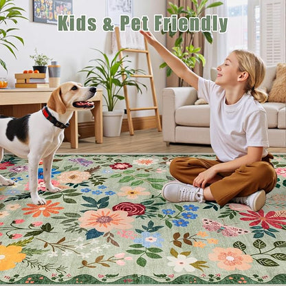 Area Rug Living Room Rugs: Floral 5x7 Washable Rug Vintage Soft Boho Non-Slip Carpet Indoor Stain Resistant Large Carpets for Bedroom Dining Room Farmhouse Nursery Hallway Home Office Green