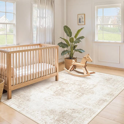 Area Rug 4x6 Washable Rug, Vintage Boho Medallion Rugs Non-Slip Soft Low Pile Distressed Rug Indoor Retro Carpet for Living Room Bedroom Dining Room Home Office (Beige, 4'x6')