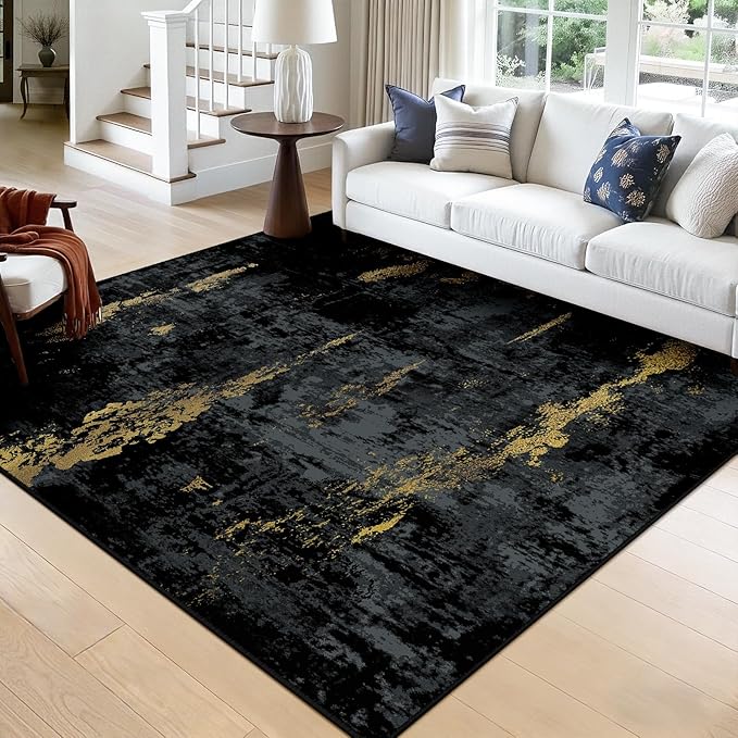 Washable Area Rugs Square 8ft Non-Slip Modern Abstract Soft for Living Room Entryway Bedroom Nursery, Print Pattern, Dark Black Gold