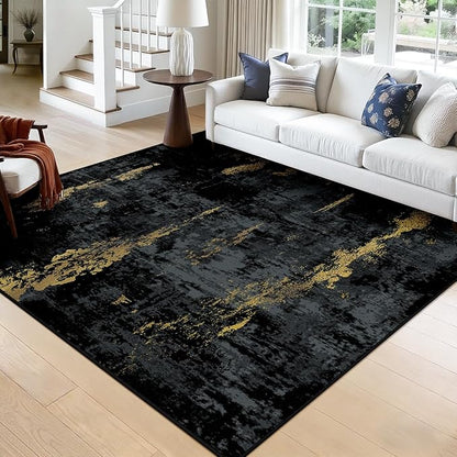 Washable Area Rugs Square 8ft Non-Slip Modern Abstract Soft for Living Room Entryway Bedroom Nursery, Print Pattern, Dark Black Gold