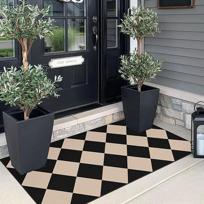 Front Door Mat Indoor Entrance - 2x4.3 Ft Black Tan Non-Slip Washable Outdoor Porch Rug Doormats Geometric Checkered Diamond Layered Rug for Front Door Kitchen Hallway Bedroom Laundry Room