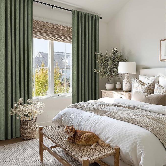 MIULEE 100% Blackout Linen Curtains for Bedroom, Olive Green Solid Luxury Decor Thermal Insulation Room Darkening Drapes for Living Room Nursery Back Tab Rod Pocket 42 x 63 Inches, 2 Panels