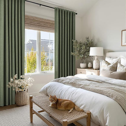 MIULEE 100% Blackout Linen Curtains for Bedroom, Olive Green Solid Luxury Decor Thermal Insulation Room Darkening Drapes for Living Room Nursery Back Tab Rod Pocket 42 x 63 Inches, 2 Panels