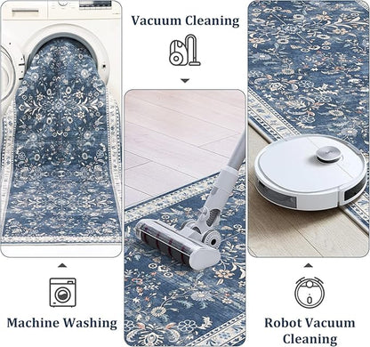 Yamaziot Washable Runner Rug 2x10 – Floral Non Slip Boho Hallway Runner Rug with Rubber Backing, Low Pile Faux Wool Distressed Carpet for Kitchen, Laundry, Bedroom, Entrance, Blue
